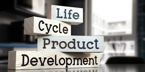 Life, cycle, product, development - words on wooden blocks - 3D illustration