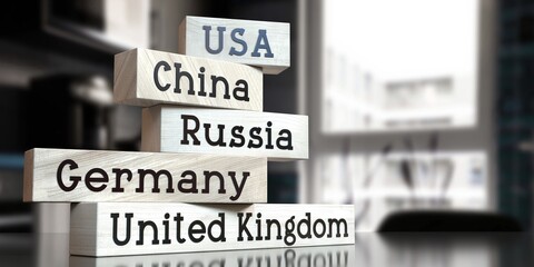 USA, China, Russia, Germany, United kingdom - words on wooden blocks - 3D illustration