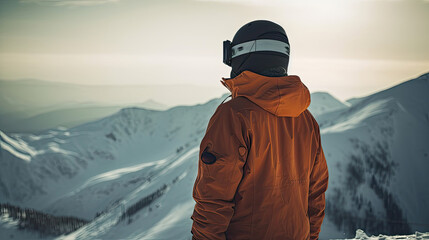 Fototapeta na wymiar back view of a skier or snowboarder with a thick jacket, helmet and goggles. Generative AI