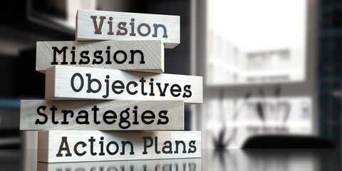 Vision, mission, objectives, strategies, action plans - words on wooden blocks - 3D illustration