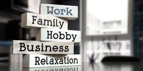 Work, family, hobby, business, relaxation - words on wooden blocks - 3D illustration