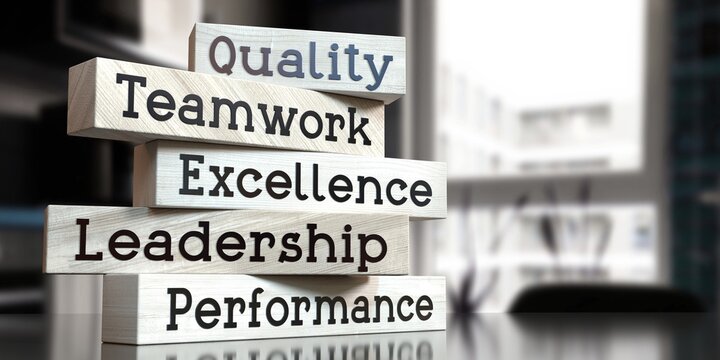 Quality, teamwork, excellence, leadership, performance - words on wooden blocks - 3D illustration