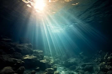 Foto op Aluminium Transparent water, underwater sea background. Mockup or backdrop with sunbeams under water. AI generated, human enhanced © top images