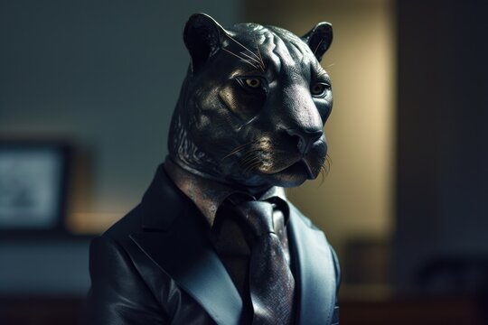 Anthropomorphic panther dressed in suit like a businessman. Mysterious image of a stranger. AI generated, human enhanced