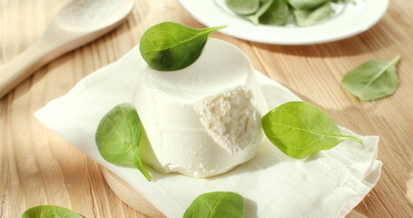 ricotta cheese with spinach. traditional italian cheese on a white napkin. ingredients for tortellini or tortelloni pasta. visual recipe. sunny day. angle view. smooth camera movement.