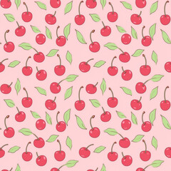 Cartoon seamless pattern with many fresh cherries on light pink background. Generative AI.