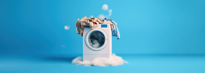 washing machine with pile of clothes and foam as wide banner for buying new washing machine or household work with copy space area - Generative AI