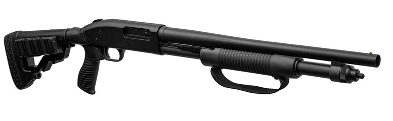 Pump-action 12 gauge shotgun isolated on a white back. A smooth-bore weapon with a wooden stock.