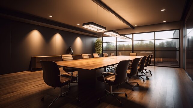 Realistic photo of a small and modern style Conference Room. with warm light condition.
