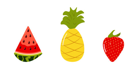 Set of summer elements, beach, summer accessory. Watermelon, pineapple and strawberry. Rest. Vector flat illustration.