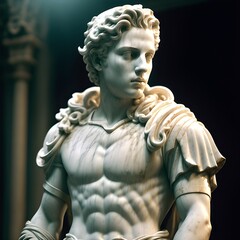 Image of a white marble statue bust of a roman soldier or the demigod hero Hercules. According to Greek mythology, despite not being a God, Hercules was welcomed into Mount Olympus. - obrazy, fototapety, plakaty