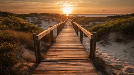 Obraz premium a wooden footbridge leading to the sea with a sunset on the horizon. Generative AI