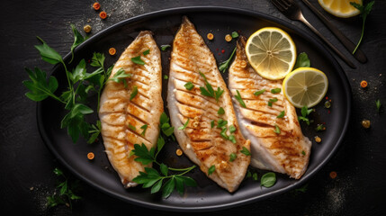 top shot of a grilled fish with lemon wedges. Generative AI