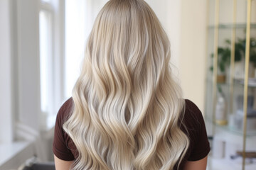 Blonde haired girl posing in a salon, back view