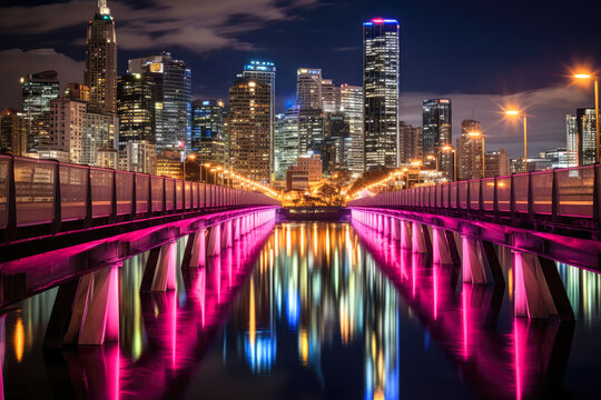 Lit bridge with pink light with city reflecting in water