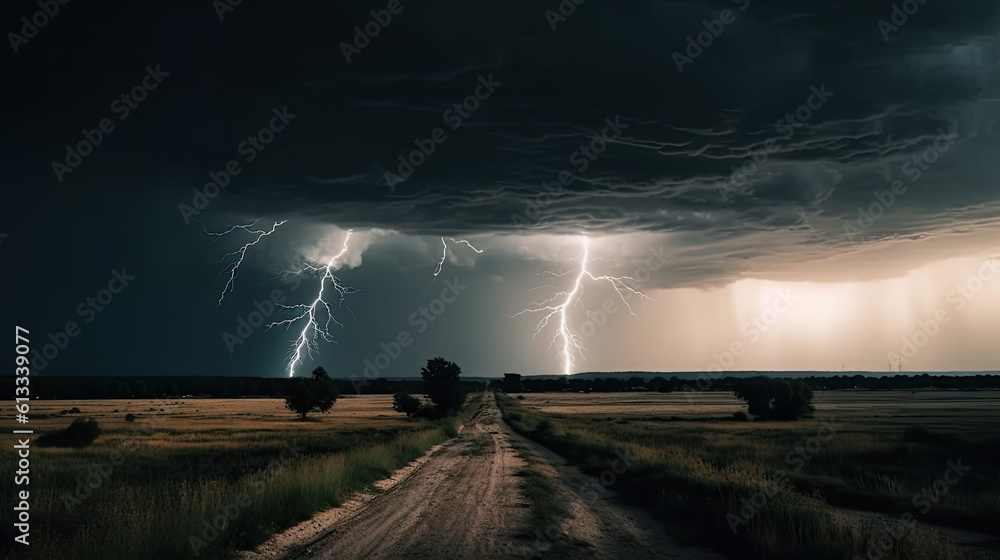 Poster a strong thunderstorm with lightning and black clouds in the evening. generative ai