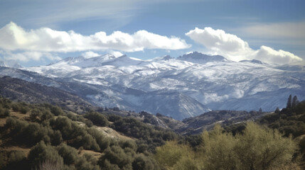 a snowy mountain and a green meadow in the foreground. Generative AI