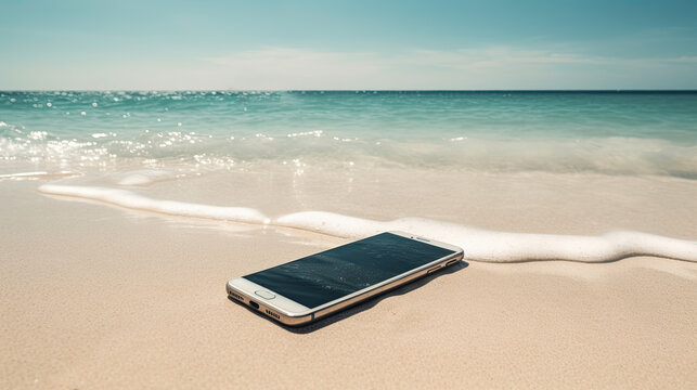 a smartphone on the sandy beach by the sea. Generative AI