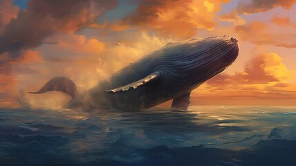 Fototapeta premium Whale at sunset, generative AI