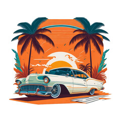 tshirt design of a vanilla cream white retro vintage car with a ocean island beach and palms. png without background. transparent background. Generative AI