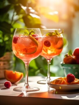 aperol spritz summer drink in glass with shadows, tropical background, AI generated