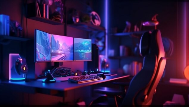 General view of home workplace of pro gamer with professional gaming setup on desktop. Modern powerful PC full RGB, display with shooter game, armchair. Gaming studio of cyber sportsman v5