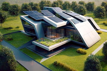 Futuristic house with solar panels on roof, modern home in green forest, generative AI.