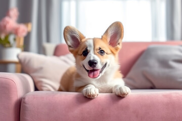 Welsh Corgi dog lying on pink couch, cute pet relaxing on sofa in room, generative AI