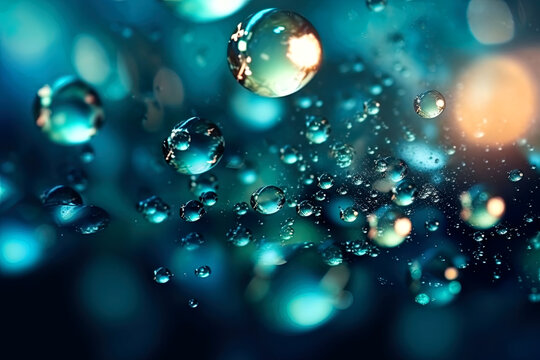 Water drops and bubbles on blue green background, abstract pattern, generative AI