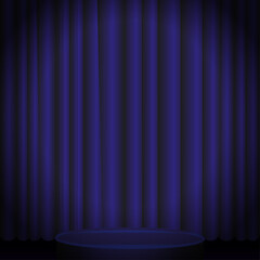 The blue curtains in a theater with lights and scene. Vector illustration
