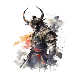 Samurai Viking with horns Helmet Warrior With Watercolors traditional Japanese 4096px PNG Transparent 300dpi digital tshirt POD, PSD, clipart book cover wallart