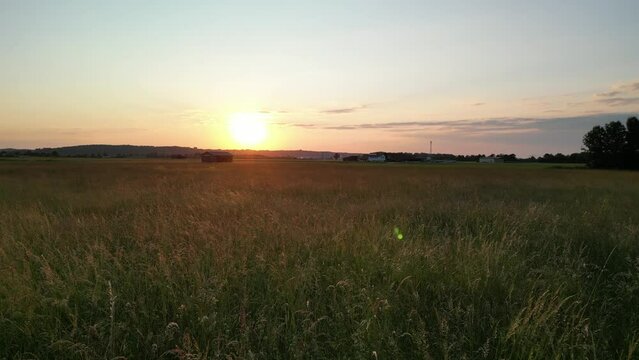 Germany, Bavaria, Allgaeu, drone flight over the meadow in the sunset