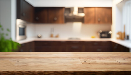 Wood table top on blurred kitchen background