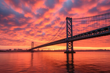 Fototapeta premium A sunset over a bridge and the city