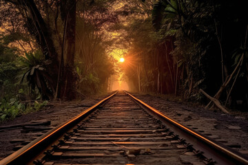 Fototapeta na wymiar Railroad track with sunrise in the jungle
