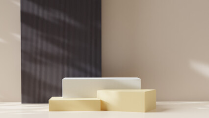 3D Rendered Podium Pedestal with Earth Tone Color on Wood Background for Elegant Product Display