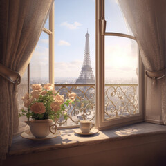 An image of an open window with a mug of coffee on it. Behind the window is a view of the Eiffel Tower. Sunny day, soft light - obrazy, fototapety, plakaty