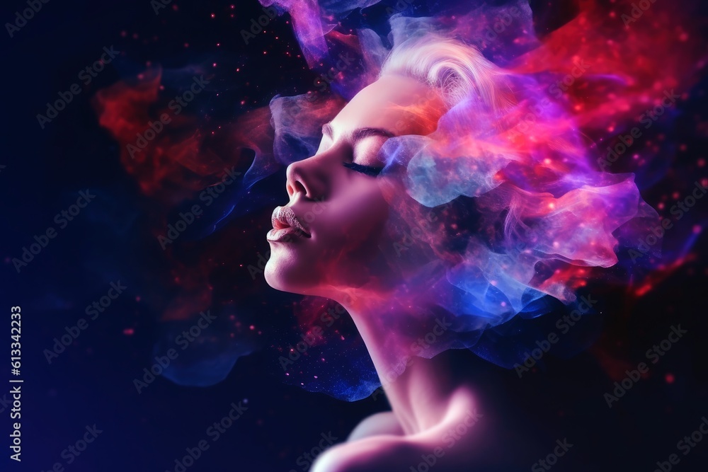 Wall mural ethereal and mesmerizing woman portrait in a galaxy environment created with generative ai technolog