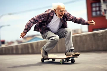 Fotobehang Very Old man skateboarding fast outside in the streets © Adriana