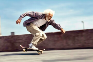 Very Old man skateboarding fast outside in the streets