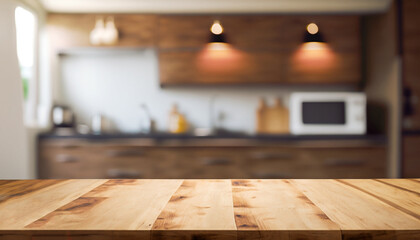 Beautiful empty brown wooden table top and blurred defocused modern kitchen interior background with daylight flare, product montage display.