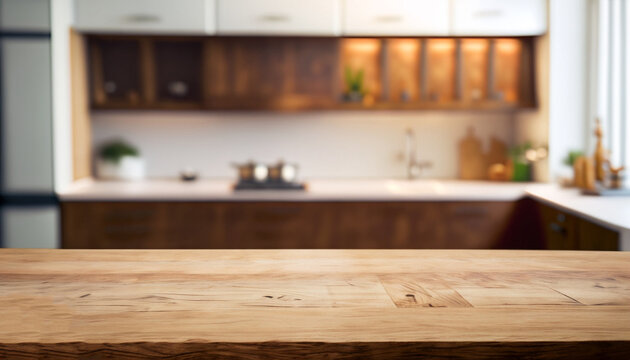 Wood table top on blurred kitchen background