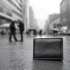 Close up of a wallet on asphalt with a blurred background of busy pedestrians on the street. Generative AI