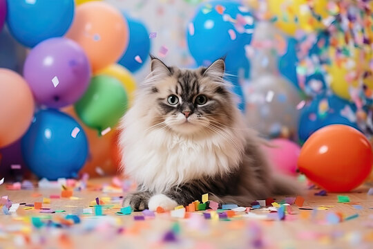 A cat sitting on the floor surrounded by balloons and confetti created with Generative AI technology