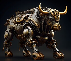 Powerful brass plated armor and enormous steam exhausts are part of a steampunk robot bull s design. Generative AI