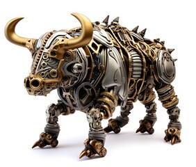 Strong steampunk mechanical bull with brass plated armor and huge steam exhausts. Generative AI