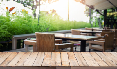 Beautiful wooden floor and cafe restaurant garden background