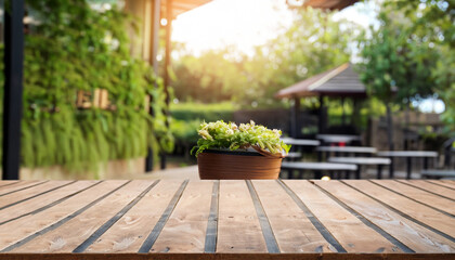Fototapeta na wymiar Beautiful wooden floor and cafe restaurant garden background