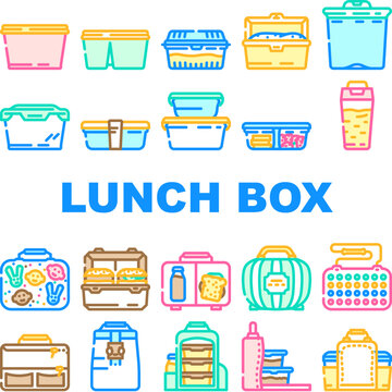 Lunch School Food Box Lunchbox Icons Set Vector. Snack Meal, Sandwich Healthy, Container, Apple Bag, Kid Children Plastic Fruit Green Lunch School Food Box Lunchbox Color Line Illustrations