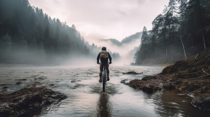Man cycling mountain bike in river. Generative AI